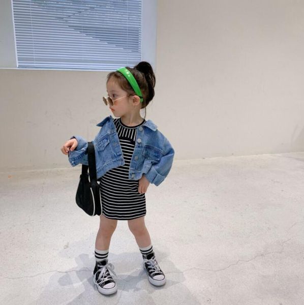 

2021 new girls 2 pcs set denim coat+dress spring cotton fashion full sleeve girls suits 1-6 years qi787, White