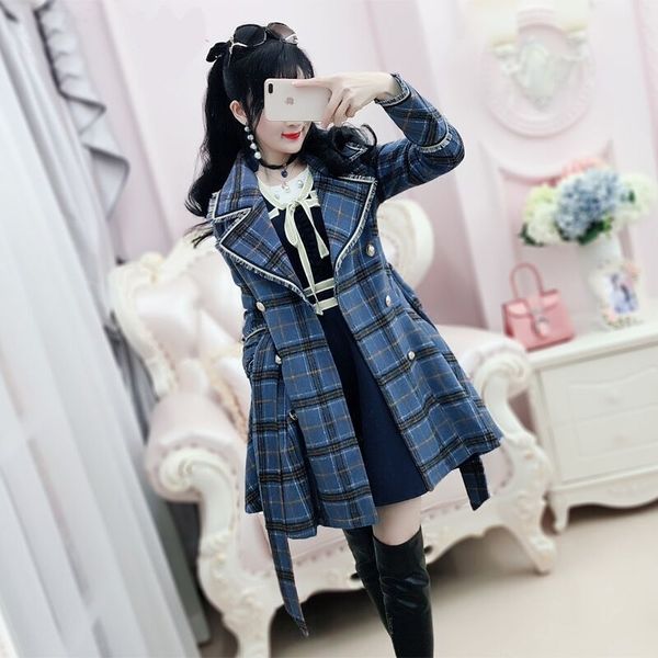 

women's trench coat blue plaid british medium long woolen coat winter new women windbreaker 201028, Tan;black