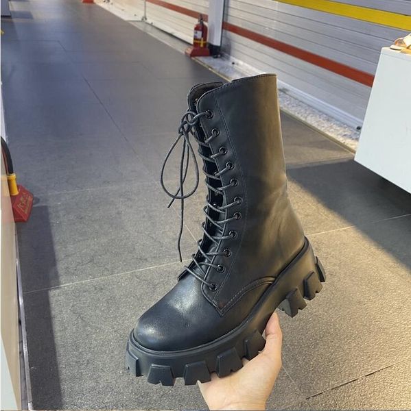 

women boots winter snow booties black white thick bottom motorcycle womens short lace boot leather shoes size 35-40 06