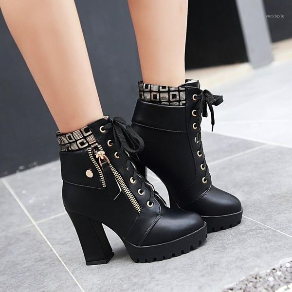 

pxelena plus size 34-43 women motorcycle boots zipper lace up chunky block square high heels punk gothic ankle boots1, Black