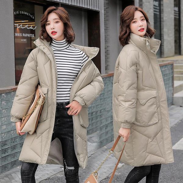 

women's winter jacket 2021 new long korean bread suit mid-length loose long sleeves hooded padded solid color coat 8m, Black