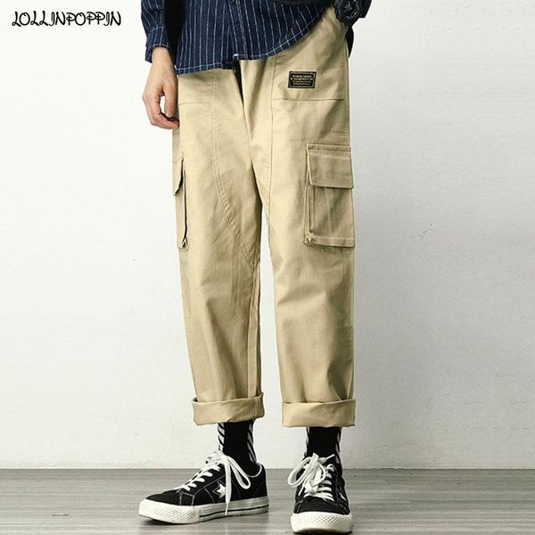

straight fit men cargo pants drawstring elastic waist multi-pockets japan style mens casual pants khaki / black / army green1