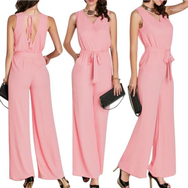 

women's jumpsuits & rompers 2021 summer plus sizes xxl women pink sleeveless v neck loose wide legs pant with pockets casual lacing fem, Black;white