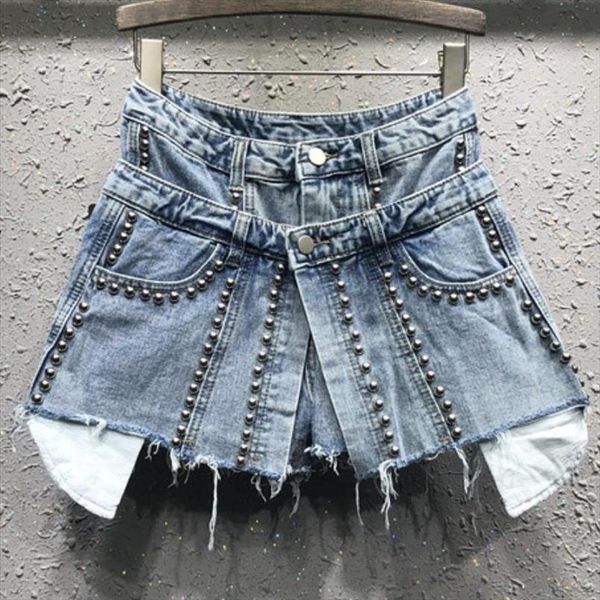 

2021 spring and summer new personality fake two pieces jeans shorts women beaded high waist denim short skirt, White;black