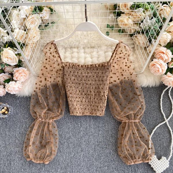 

foamlina women blouse shirt polka dot print mesh sheer puff sleeve square collar pleated high elastic summer crop top, White