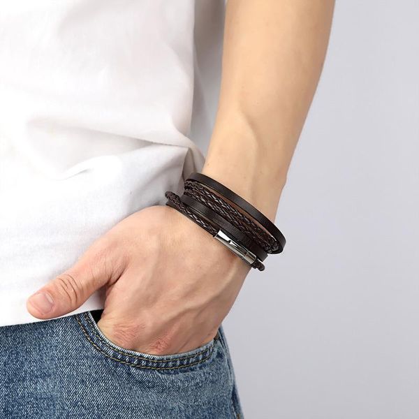 

latest popular stainless steel multi-layer leather bracelet for men charm vintage black punk bracelet, Golden;silver
