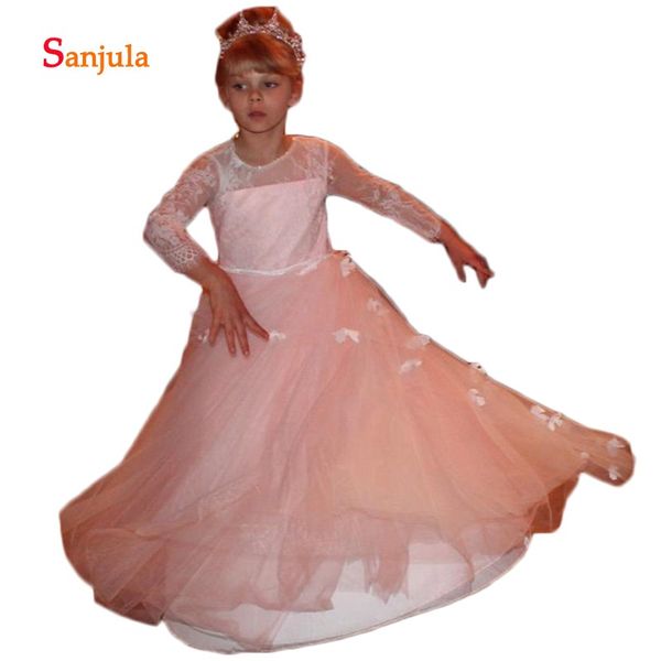 

pink tulle flower girl dress with butterflies full sleeves jewel neck lace holy first communion gowns robe de fiesta d913, Red;yellow