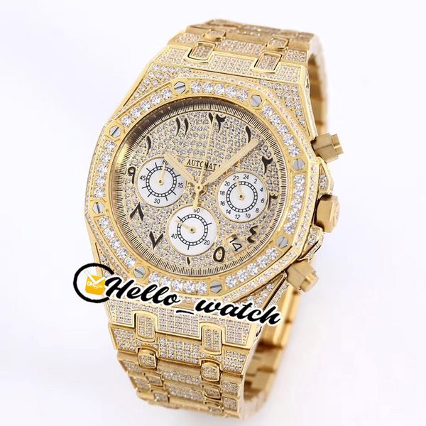 

new full iced out vs moissanite diamond pave yellow arabic numerals markers dial vk quartz chronograph mens watch 26067 watches hello_watch, Slivery;brown