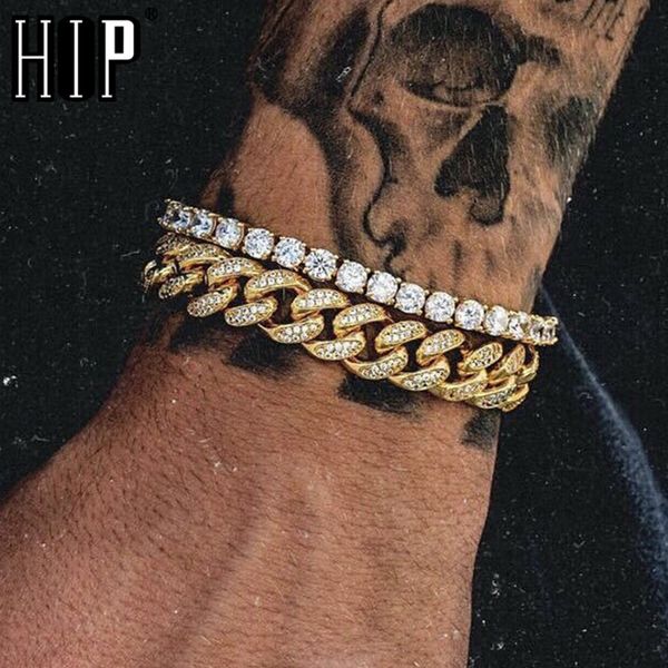 

hip hop 1set full rhinestone bling iced out men's bracelet pave gold miami cuban link chain bracelets for men jewelry dropship 200928, Black
