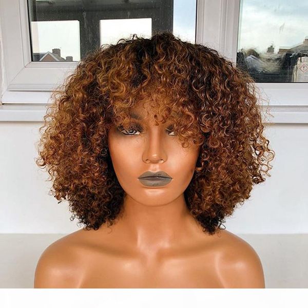 

afro kinky curly ombre brown full lace wigs with bangs 180density 13x6 lace front remy 360 frontal human hair wig for black women