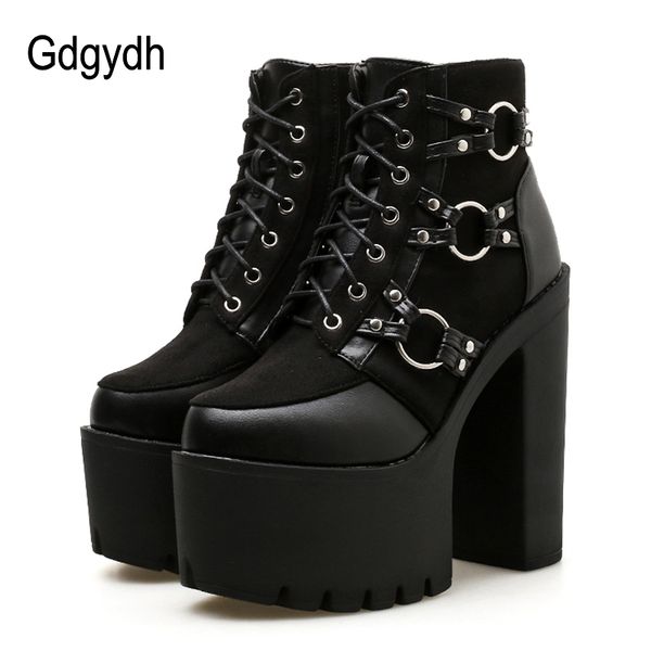 

gdgydh new fashion motorcycle boots women platform heels casual shoes lacing round toe shoes ladies autumn boots black y200115