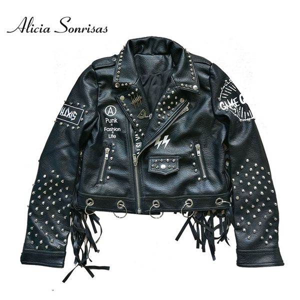 Giacca spalline in pelle nera 2020 rivetti streetwear jackets punk women streetwear graffiti stampato bicchetta per motociclisti lj201012