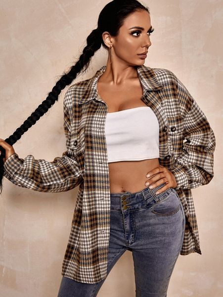 

houndstooth flap detail drop shoulder overcoat 70te#, Black