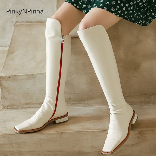 

2020 winter soft genuine leather women knee high long boots side zip low heels white office chic commuter warm plush lining lj201130, Black