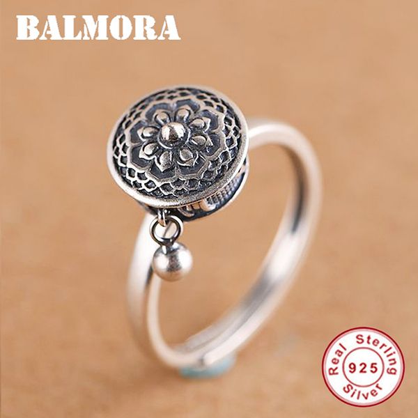 Balmora 100% real Sterling Silver Rotating Anéis para Oração Mulheres budista tibetano da roda Anel OM Mantra Lady Spinner banda anel 201112