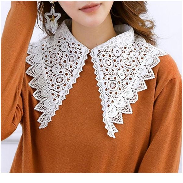 

korean women hollow floral lace fake collar detachable buttons large pointed lapel half shirt blouse dress decorative a qylzoh, Blue;red