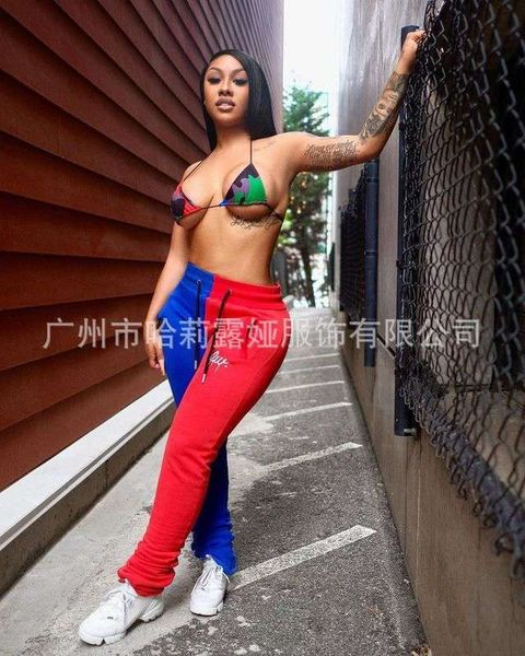 

l1005 casual embroidery pattern color matching lace up pants, Black;gray