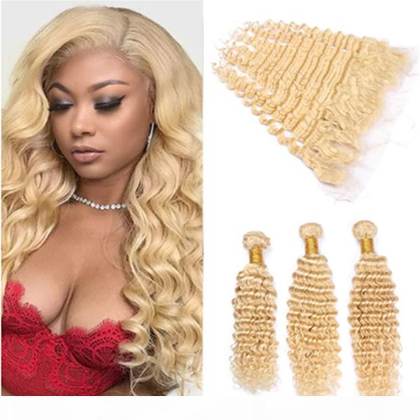 

peruvian blonde human hair extensions with lace frontal closure 13x4 deep wave wavy #613 blonde virgin hair weave bundles double wefts, Black;brown