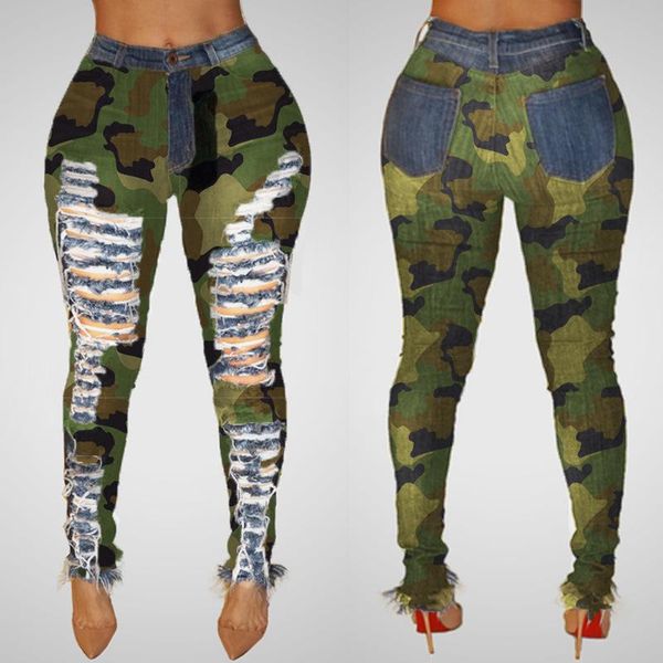 

women's jeans personality broken hole high waist european and american tight pants with edge camouflage, Blue