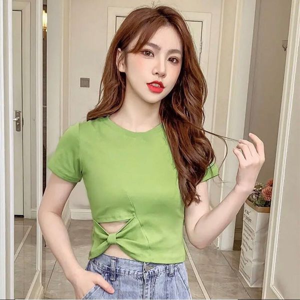 

sleeve t-shirt women's 2020 summer new korean version slim and versatile short with hollow bow design
