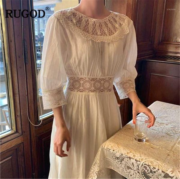 

rugod 2020 new fairy women lace stiching embroidery dress o-neck three quarter sleeves lace vestidos temperament vintage dress1, Black;gray