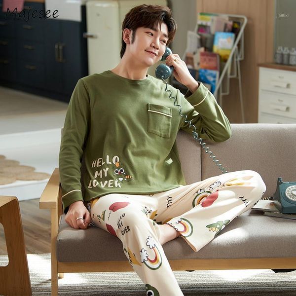 

man pajama sets autumn casual sleepwear o-neck cartoon letter print striped soft comfortable oversize 3xl korean style simple1, Black;brown