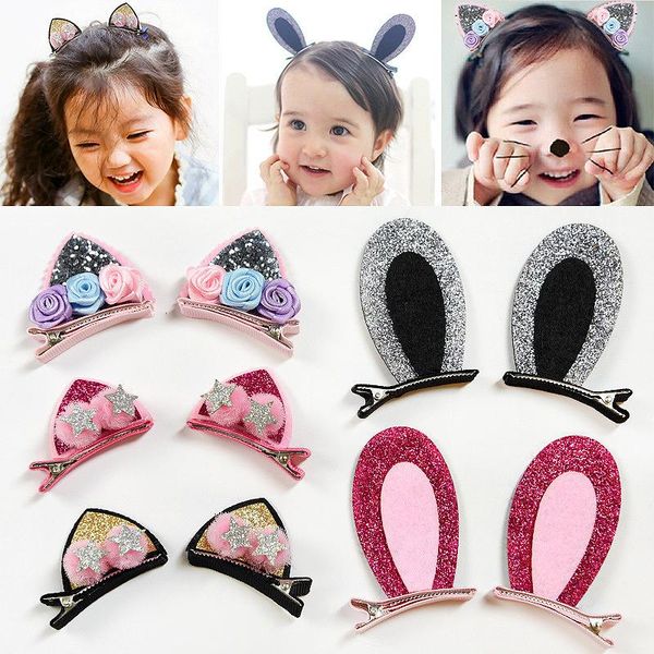 

hair accessories 2pcs/pair kids hairball flowers hairpins for girls cute headwear children clips glitter cat ears, Slivery;white