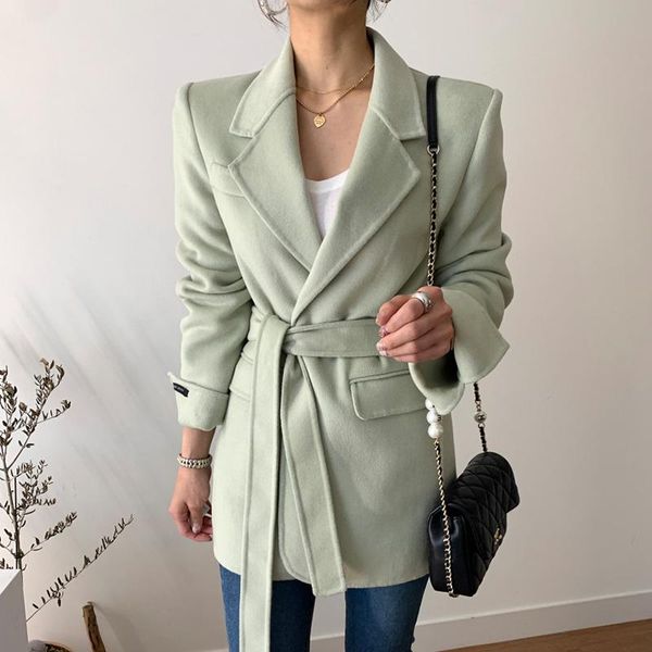

[ewq] 2020 autumn winter office lady turn-down collar long-sleeved minimalist solid color lace up woolen suit coat 8d798, Black