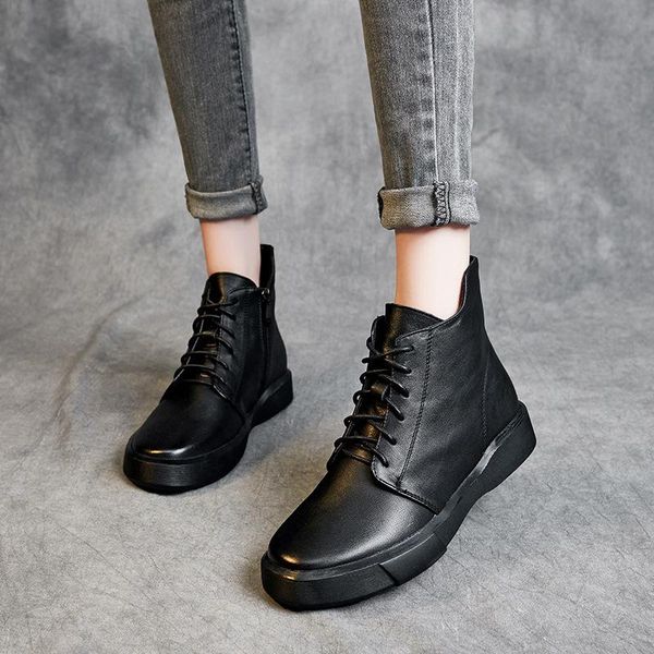

autumn winter 2021 boots layer leather short boots lace up leather women's non slip soft soled bare, Black