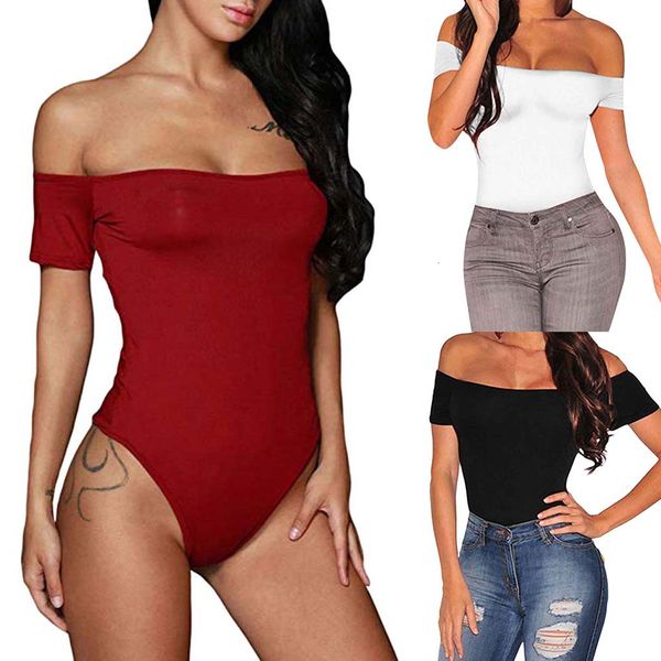 

elastic bodysuit women's solid color black red white round collar short sleeve jumpsuit for ladies off the shoulder romper, Black;white