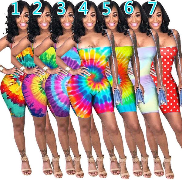 

2022 summer shorts jumpsuit tie dye digital printed rainbow sleeveless button tight bodysuit women onesies s-3xl, Black;white