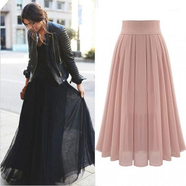 

2020 european station summer new fashion fairy temperament elegant long pleated skirt chiffon clothes1, Black