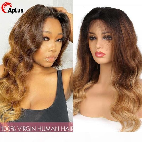 

ombre blonde lace front wig brazilian remy hair wigs 1b 4 27 30 body wave 3 tone ombre lace front wig body wave frontal 150%, Black;brown