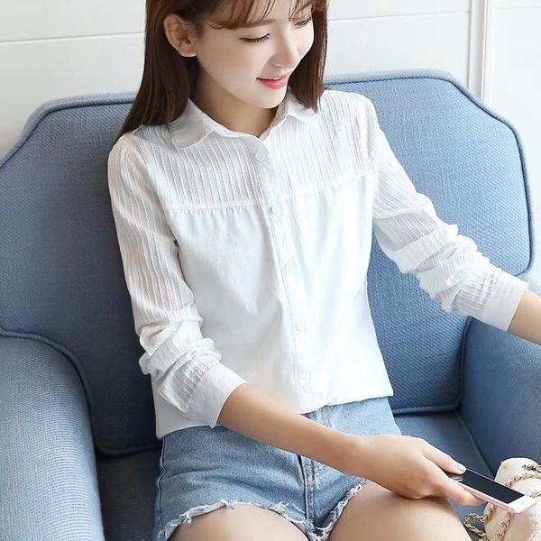 

women's blouses & shirts summer 100% cotton female white long sleeve striped design fresh style women fashion turn down collar sweet