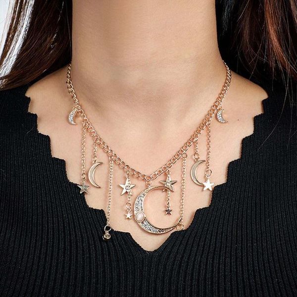 

chokers star moon tassel pendant chain long single layer necklace clavicle womanjewelryy gifts, Golden;silver