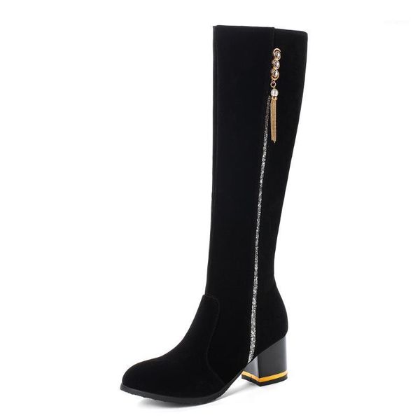 

cow suede tpr sole thick heel knee-length boots pearl tassel round toe autumn and winter warm boots1, Black