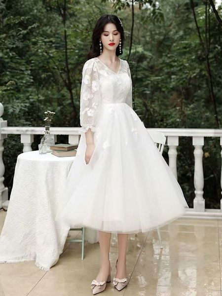 

2021 new "elegant from tie wedding dressed bride's dress novia zipper tulper three-quarter tea-length moonlight 52y8, Blue;red