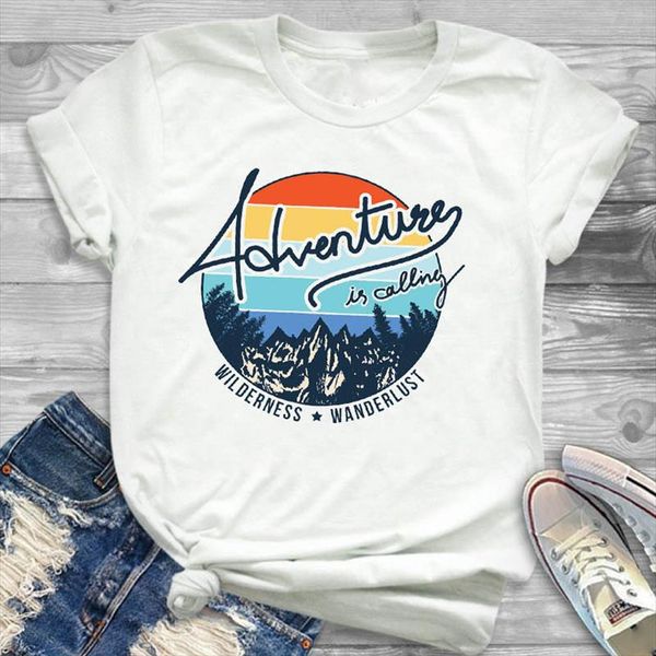 

women t shirt adventure is calling printed tshirt women short sleeve o neck tee shirt ladies female clothes graphic t shirt, White