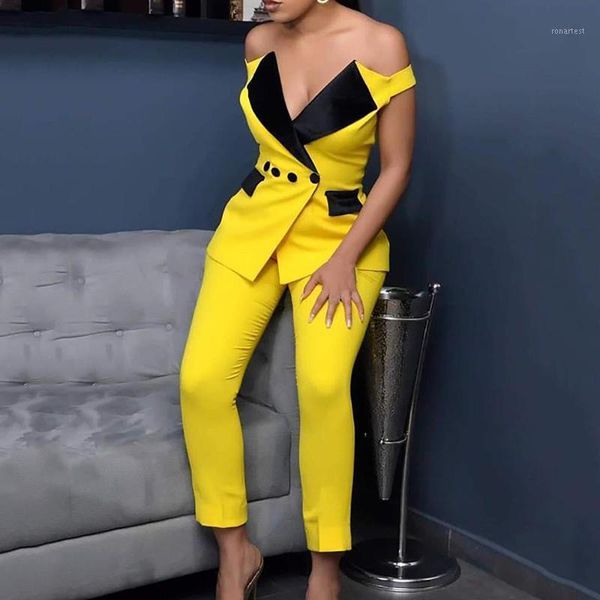 

off shoulder women blazer suits two piece outfits tunic long pants female sets contrast color high waist lady outerwear1, White