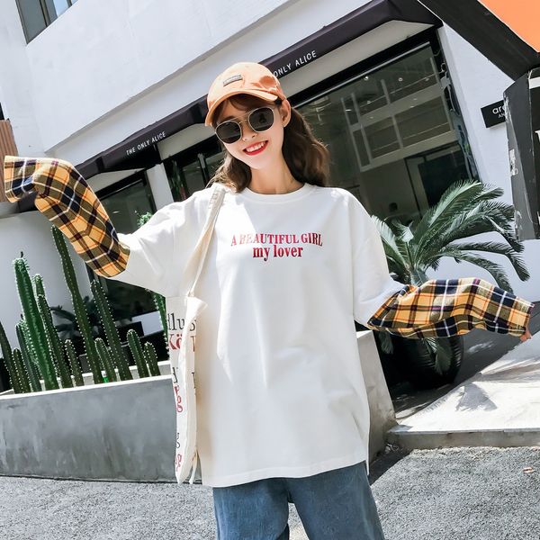 

осенью новый корейский свободный пуловер pullovert футболку pulloveralphabet печати пуловер пэчворк плед из двух частей свитер с длинным рук, White