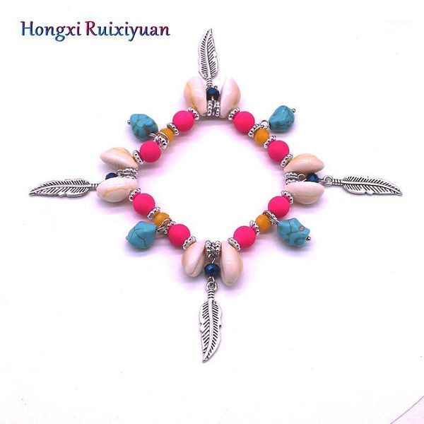 

Fashion Elastic Bracelet Bohemian Handmade Beaded Crystal Beads Shell Alloy Leaf Lady Bracelet Exquisite Bead Jewelry1, Black