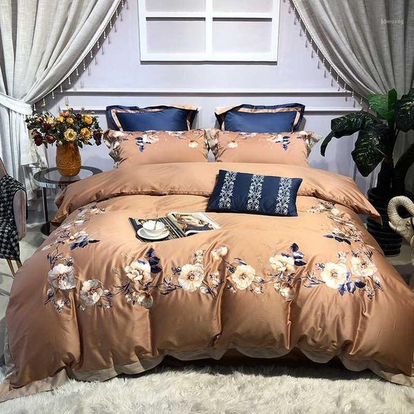 

new brown european style classical flowers embroidery 1000tc satin egyptian cotton bedding set duvet cover bed sheet pillowcases1