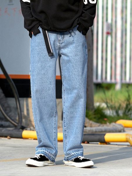 

men raw hem straight leg jeans c584#, Blue