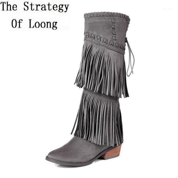 

women tassel genuine leather winter vintage long boots lady knee high mid heels fringe retro plus size real leather boot 2020031, Black