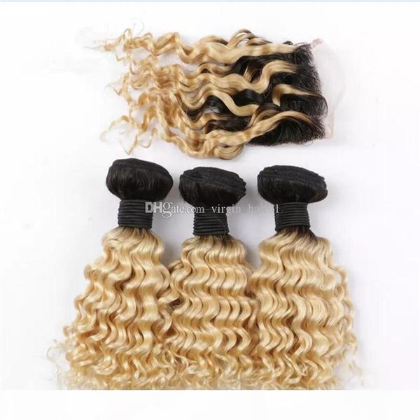 

unprocessed virgin hair 3 bundles with closure deep wave malaysian human hair weft ombre hair extension 1b 613 blonde lace closure with weft, Black;brown