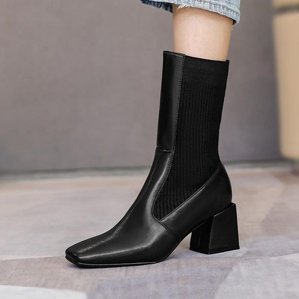 

2020 autumn and winter cow leather women's shoes square toe thick heel and calf stretch boots fashion trend socks boots, Black