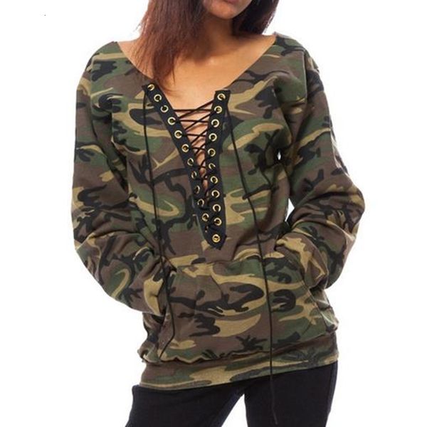 

autumn camouflage sweatshirt women long sleeve cross lace up ladies pullover hoodie deep v-neck women hoodies, Black