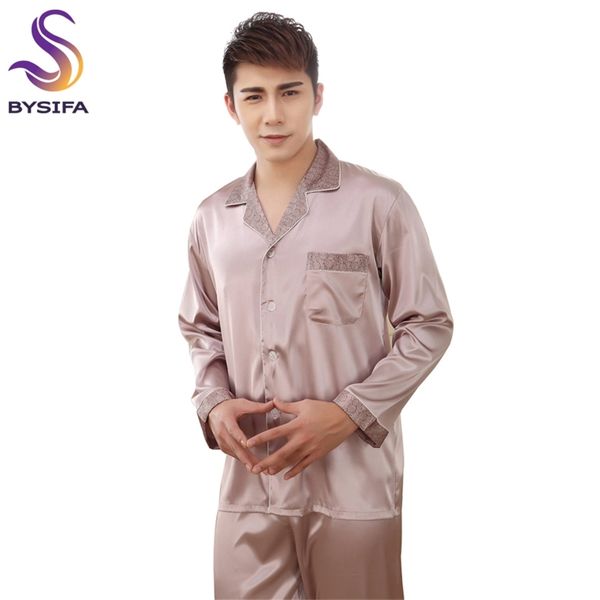 

[bysifa] grey men silk pajamas set fashion modern style male home apparel sleep lounge plaid nightwear two-set nightshirt 201109, Black;brown