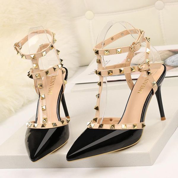 

2020 new 9cm pumps fashion rivet ladies pointed shallow mouth high heel single shoes women's summer new style sandals, Black