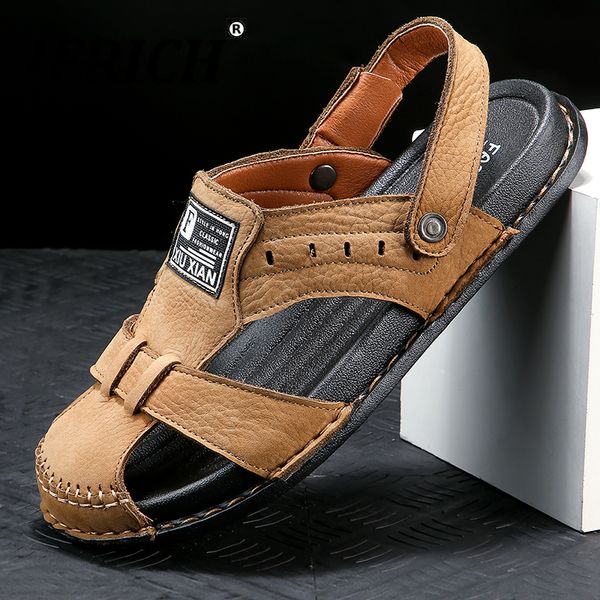

summer 2020 men beach sneakers fashion mens leisure sandals designer beach slippers for mens ankle-wrap man leather sandals t200420, Black